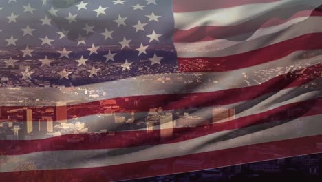 Animation-Der-Amerikanischen-Flagge-Mit-Der-Stadt-Dahinter