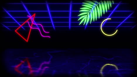 Animation-of-glowing-retro-neon-palm-leaf-and-multicolored-geometric-shapes