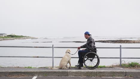 Mann-Im-Rollstuhl,-Der-Mit-Seinem-Hund-Auf-Das-Meer-Blickt