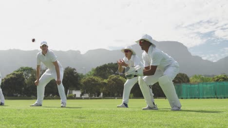Cricketspieler-Fängt-Den-Ball-Auf-Dem-Spielfeld