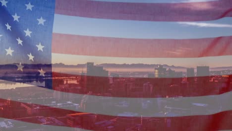Animation-of-american-flag-with-city-behind