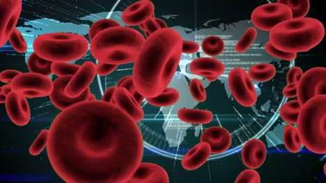 Animation-of-red-blood-cells-with-world-map-in-background