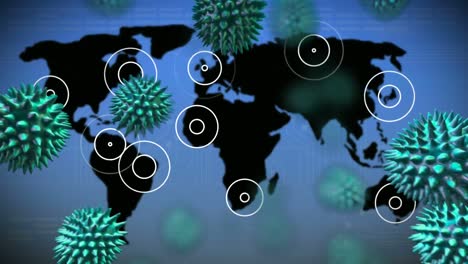 Animation-of-blue-corona-virus-with-world-map-in-background