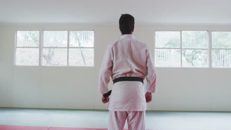 Rear-view-judoka-standing-on-the-judo-mat