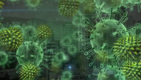 Animation-of-green-corona-virus-with-city-in-background