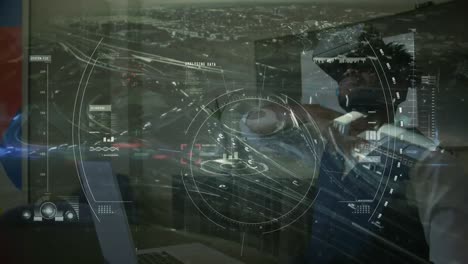 Scope-scanning-against-man-using-virtual-reality-headset-and-aerial-city-view