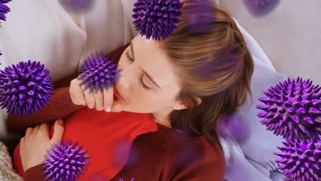 Animation-of-purple-corona-virus-with-sick-woman-in-background