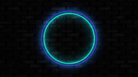 Illuminated-blue-circle-neon-sign-on-black-brick-wall-background