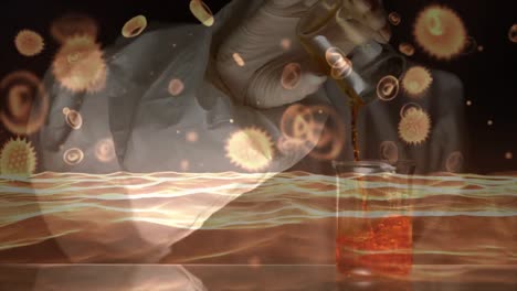 Animation-of-yellow-corona-virus-with-scientist-in-background