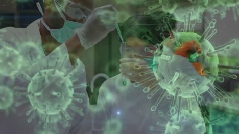 Animation-of-green-corona-virus-with-scientists-in-background