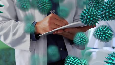Animation-of-blue-corona-virus-with-doctor-in-background