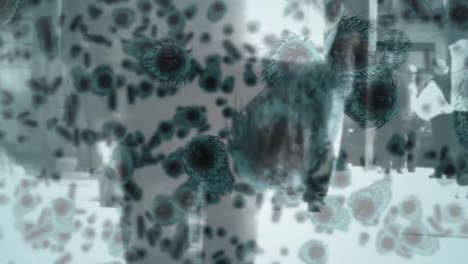Animation-of-blue-corona-virus-and-bacteria-with-people-in-background