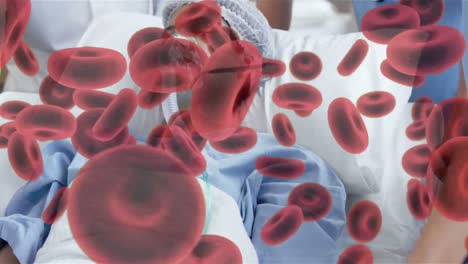 Animation-of-red-blood-cells-with-woman-sick-in-background