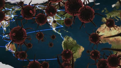 Animación-Del-Virus-Corona-Marrón-Con-Mapa-Mundial-En-Segundo-Plano