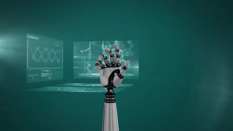 Glowing-light-spot-and-robotic-hand-against-medical-data-processing