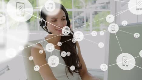 Animation-of-network-of-connections-with-woman-in-background