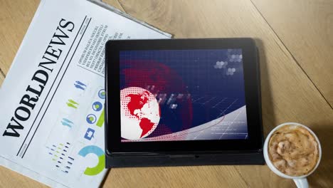 Nachrichtenbildschirm-Mit-Digitalem-Globus,-Der-Sich-Auf-Dem-Digitalen-Tablet-Bildschirm-Dreht