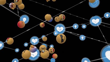 Animation-of-network-connections-with-heart-icons-and-3D-emojis