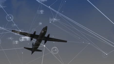 Animation-Des-Globalen-Netzwerks-Von-Verbindungen-Mit-Einem-Im-Hintergrund-Fliegenden-Flugzeug