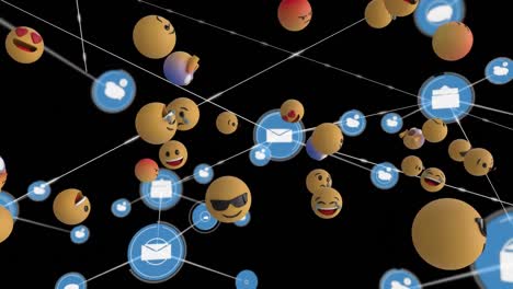 Animation-of-network-connections-with-email-message-and-chat-icons-and-3D-emoticons