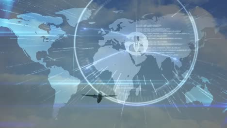 Animation-Des-Globalen-Netzwerks-Von-Verbindungen-Mit-Weltkarte-Und-Einem-Fliegenden-Flugzeug-Im-Hintergrund