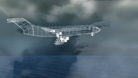 Animation-of-3d-technical-drawing-of-model-of-aeroplane-with-ocean-and-clouds-background