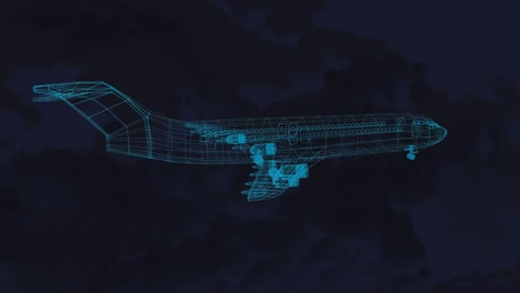 Animation-of-3d-technical-drawing-of-model-of-aeroplane-and-flash-of-lighting