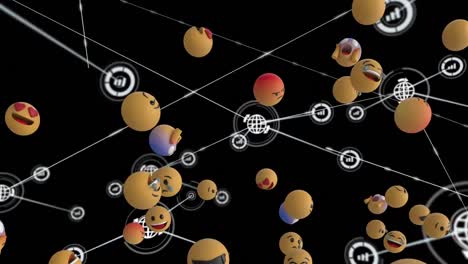 Animation-Von-Netzwerkverbindungen-Mit-Globus,-Statistiksymbolen-Und-Emoticons