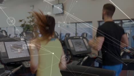 Animation-of-network-of-connections-with-athletes-running-on-treadmills