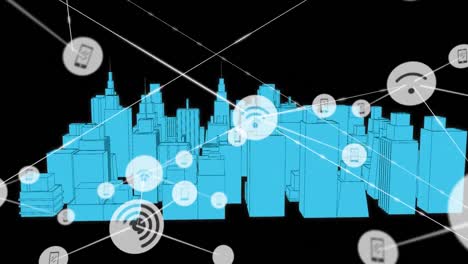 Animation-of-network-connections-with-wifi-and-smartphone-icons-with-a-district-in-background-