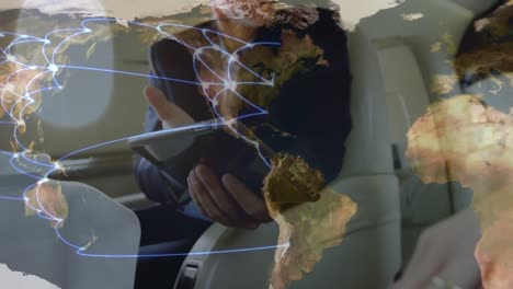 Animation-Des-Globalen-Netzwerks-Von-Verbindungen-Mit-Weltkarte-Im-Hintergrund