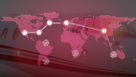 Animation-Des-Globalen-Netzwerks-Von-Verbindungen-Mit-Weltkarte-Im-Hintergrund