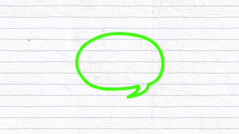 Animation-of-green-speech-bubble-chat-message-hand-drawn-with-a-marker-on-white-lined-paper