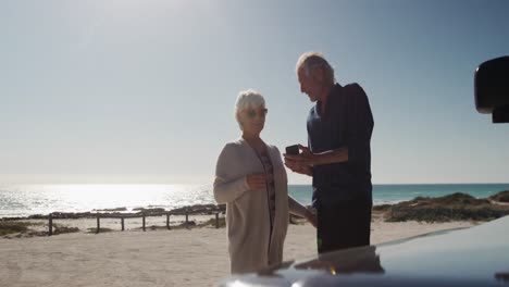Älteres-Paar-Nutzt-Smartphone-Am-Strand