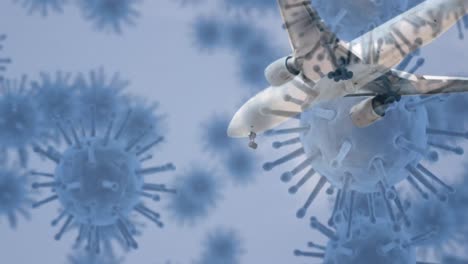 Makro-Corona-Virus-Breitet-Sich-Aus,-Im-Hintergrund-Fliegt-Ein-Flugzeug
