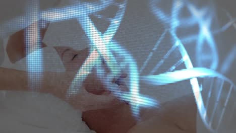 DNA-Animation-Mit-Einer-Frau-In-Einer-Klinik-Im-Hintergrund