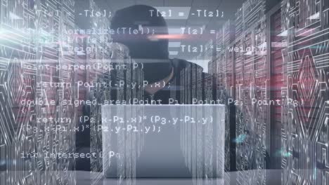 Animation-Von-Daten-Mit-Einem-Mann-Mit-Einer-Maske,-Der-Computer-Hackt