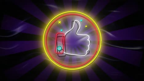 Animation-of-flickering-neon-digital-thumbs-up-like-icon-in-a-glowing-circle