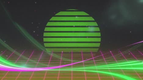 Animation-of-green-circle-glowing-over-pink-grid-moving-in-seamless-loop
