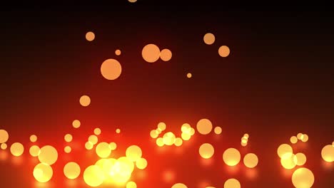 Animation-of-multiple-glowing-orange-balls-of-spots-of-light-falling-on-dark-red-background