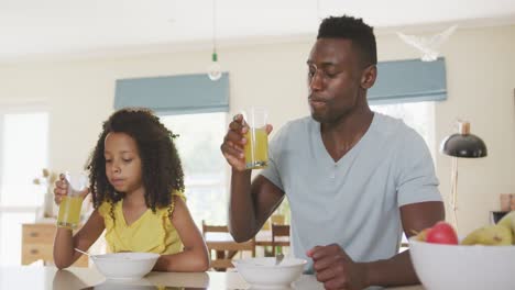 Afroamerikanischer-Vater-Und-Tochter-Trinken-Zu-Hause-Saft