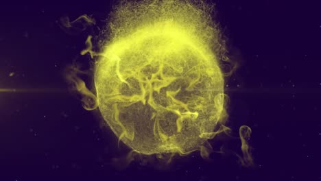 Animation-Eines-Leuchtend-Gelben-Globus,-Der-Auf-Violettem-Hintergrund-Explodiert