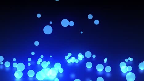 Animation-of-multiple-glowing-blue-balls-of-spots-of-light-dropping-and-bouncing-on-blue-surface
