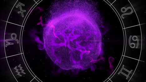 Animation-of-glowing-purple-globe-with-spinning-zodiac-wheel-on-black-background