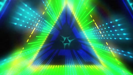 Animation-of-yellow,-blue-and-green-glowing-pulsating-triangles-moving