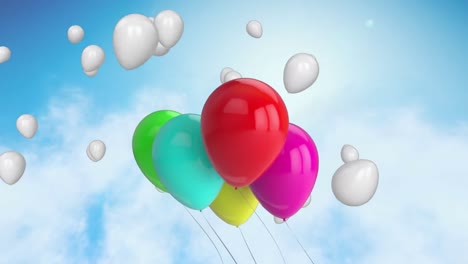 Animation-Von-Farbigen-Luftballons,-Die-über-Wolken-Im-Hintergrund-Schweben