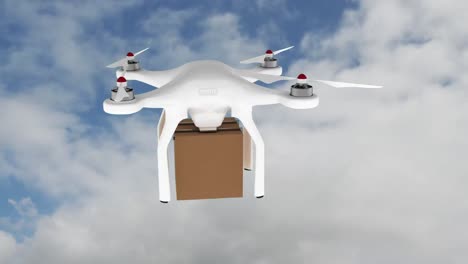 Animación-De-Drones-Digitales-Sosteniendo-El-Paquete-Sobre-Las-Nubes-En-Segundo-Plano.