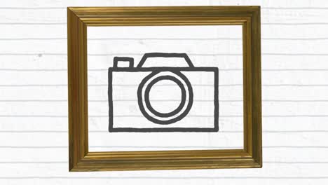 Animation-of-black-outlined-camera-icon-drawn-with-a-marker-on-white-lined-paper-in-wooden-frame
