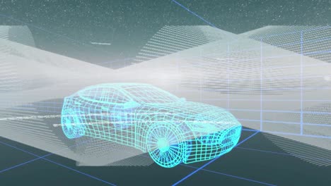 Technische-3D-Autozeichnung-Mit-Datenverarbeitung-über-Gitter-Im-Hintergrund