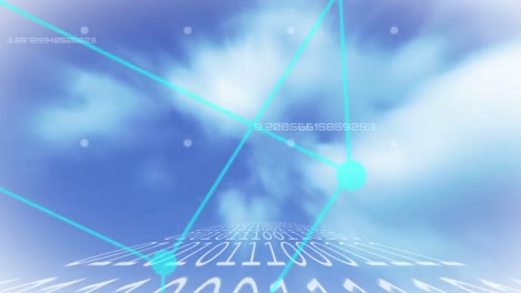 Würfel-Rotiert-über-Einer-Zeichenfolge-Binärer-Codierung-Und-Bewegt-Sich-über-Wolken-Im-Hintergrund